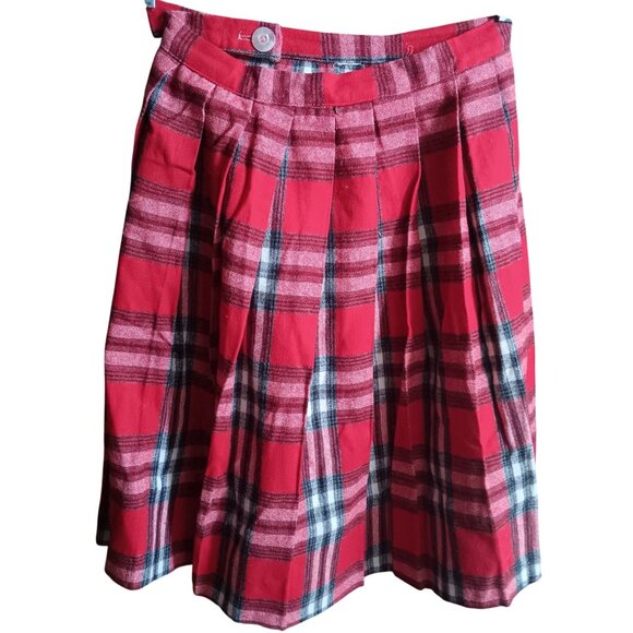 23W Vintage Red & Black Plaid Pleated Skirt With Button Zip Closure 1950's Wool - Picture 4 of 6